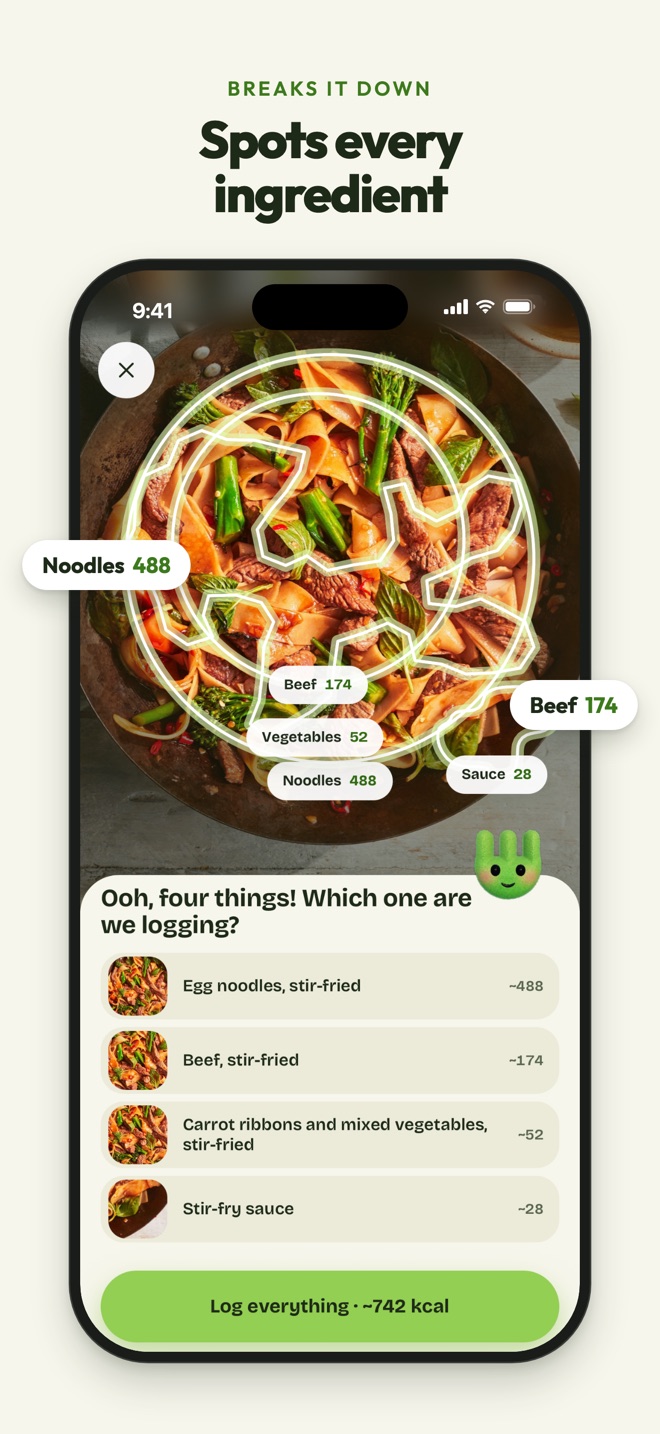 Spots every ingredient: each item in the meal listed with its calories